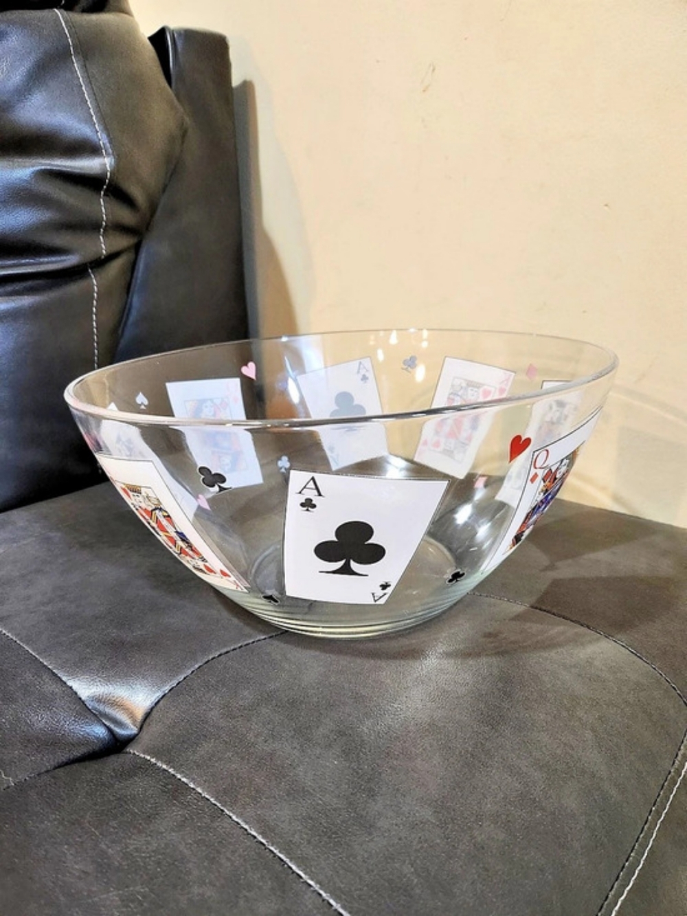 Vintage French Luminarc Card Party Glass Serving Bowl Clear & Multicolor